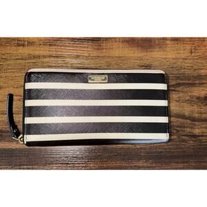 Kate Spade Black White Stripe Zip Around Wallet Wristlet Large Continental